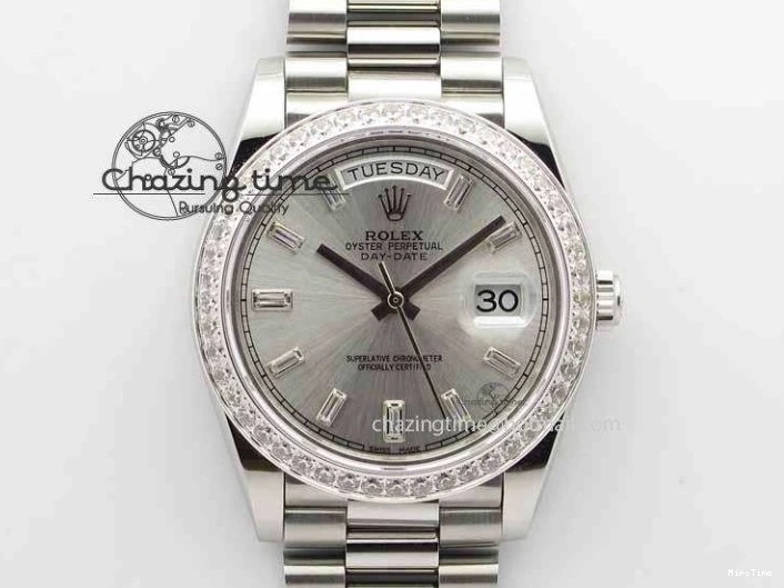 MiroTime 0116 Minimalist Day Date 40mm SS BP Maker Best Edition Diamond Bezel Silver Dial On SS Bracelet A 3697
